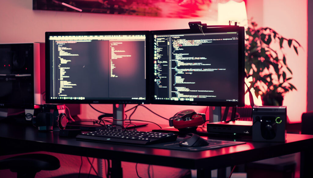 software developer's workstation with monitors displaying code and data
